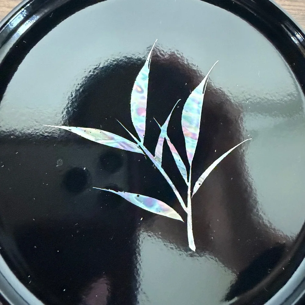Vintage Otagiri Japan Lacquerware Coaster Set Mother of Pearl Bamboo Inlay 6pc